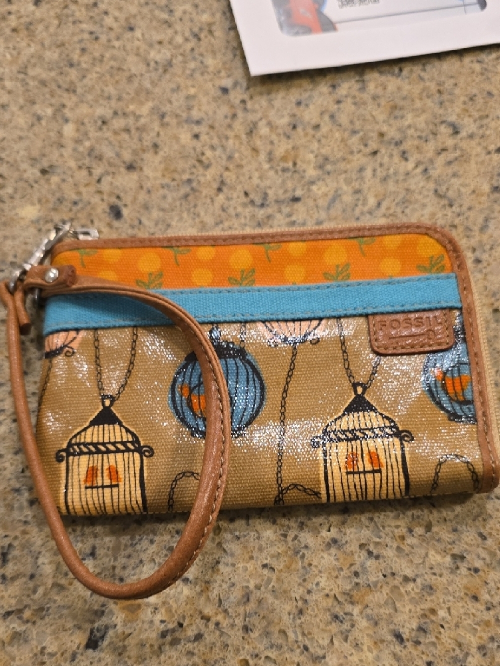 Fossil Tan Wallet with Blue Trim and Orange Accents - Picture 2 of 6